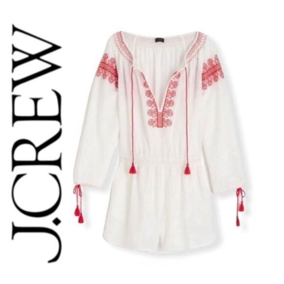 J. Crew White red embroidered tassel 3/4 sleeve romper size small - Picture 1 of 9